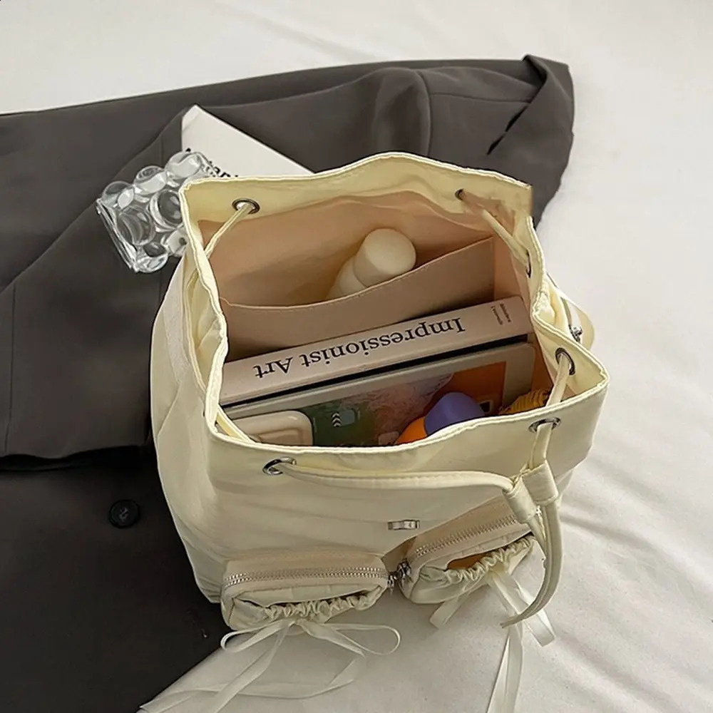 Leisure Korean drawstring backpack bow ballet style nylon bag solid color bucket bag bow shoulder bag 240912