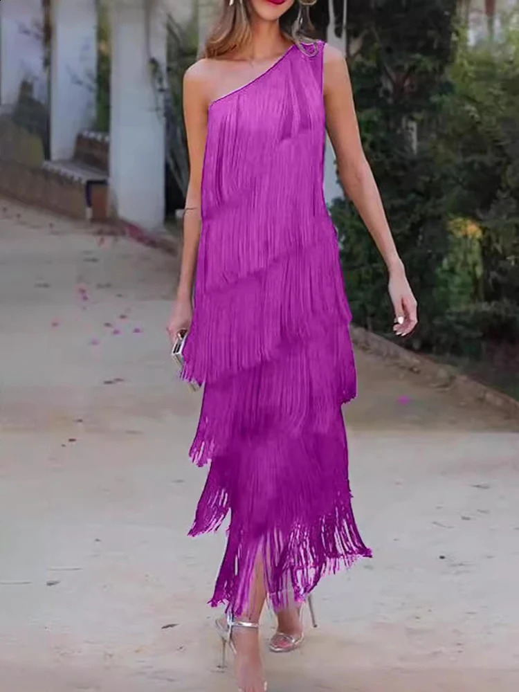 Aoaiys Womens Printed Dress with Diagonal Shoulders Unique Tassel Beach Style Sexy Asymmetric Elegant Fashion 240913