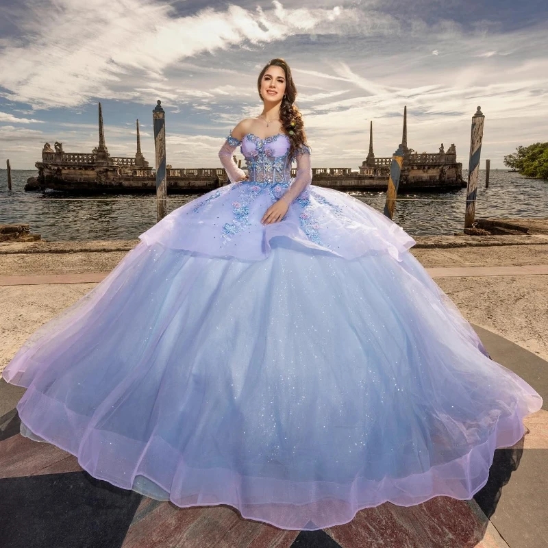 Lilac Sky Blue Princess Ball Gown Quinceanera Dresses Off The Shoulder Applique Lace Beads Tull Corset Sweet 16 Dress Vestido De 15 Anos