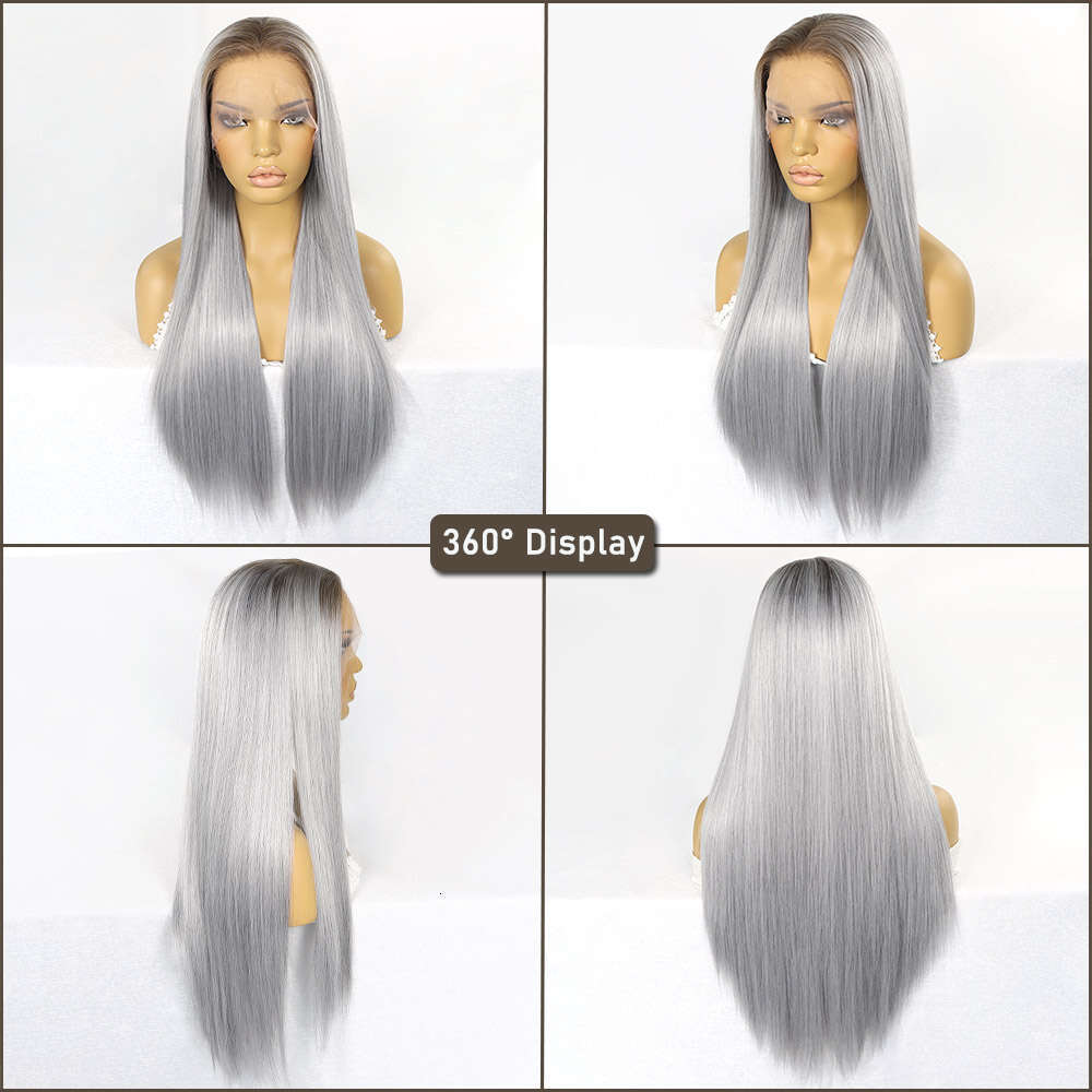 Ombre Synthetic Lace Front Wigs Sier Grey Dark Roots Colored For Women 13X3 Straight Heat Resistant Cosplay Wig