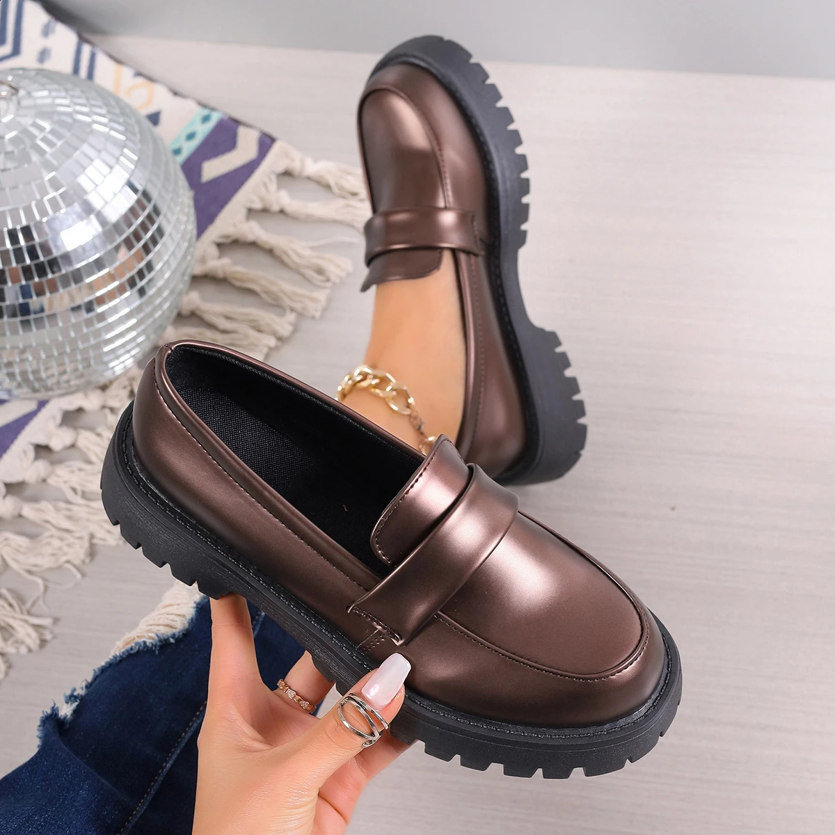 Womens platform retro shoes black Oxford shoes autumn retro bronze PU leather Loafers womens fashionable thick soled shoes 240914