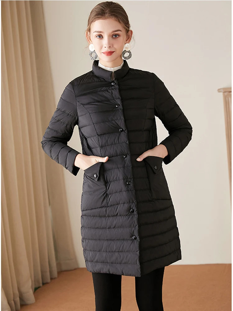 Womens medium to long winded lightweight stand up collar long sleeved down jacket with large pockets high-quality classic autonomous driving 240913