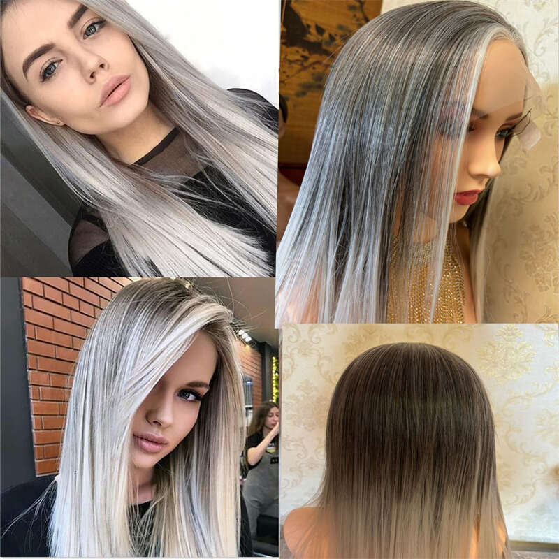 Ash HD Lace Front Wigs Silky Straight Ombre Colored Synthetic For Women Dark Roots Grey White Cosplay Glueless Wig