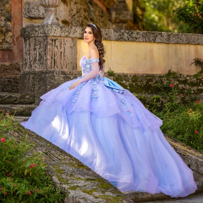 Lilac Sky Blue Princess Ball Gown Quinceanera Dresses Off The Shoulder Applique Lace Beads Tull Corset Sweet 16 Dress Vestido De 15 Anos