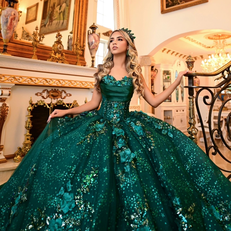 Blackish Green Quinceanera Dress For Sweet 16 Dress Girl Sequined Beaded Handmade Flowers Graduatin Party Prom Dress vestidos de 15 anos