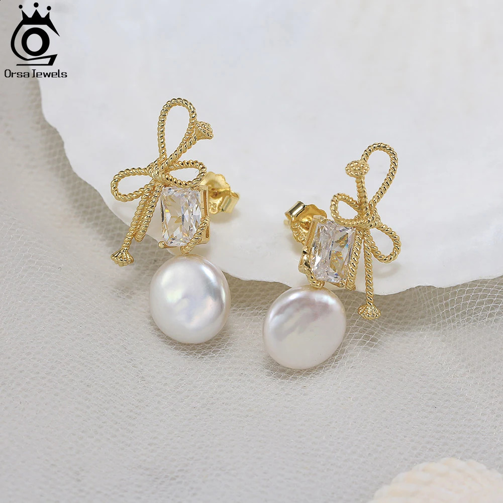 ORSA JEWELS 14K Gold Genuine 925 Sterling Silver Dangle Pearl Earrings with 5A CZ Cultured Freashwater Pearl for Women GPE84 240914