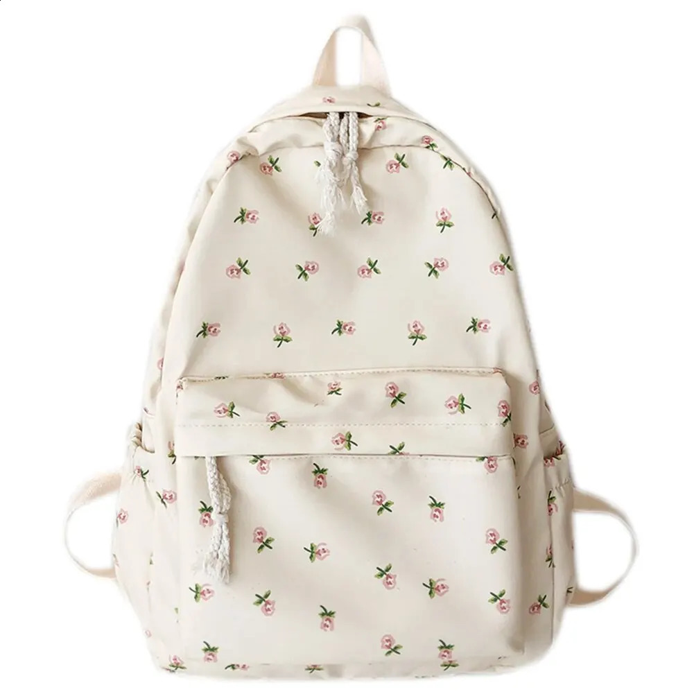 Korean Student School Backpack Floral White Bags For Teenage Girls Cute Womens Book Bag Nylon Rucksack 240914