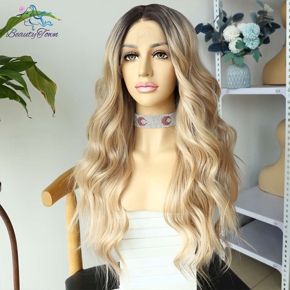 13X4 Synthetic Front 613 Honey Blonde Ombre Hd Lace Frontal Wigs For Black Women 28Inches Cosplay Daily Use Wig 180%