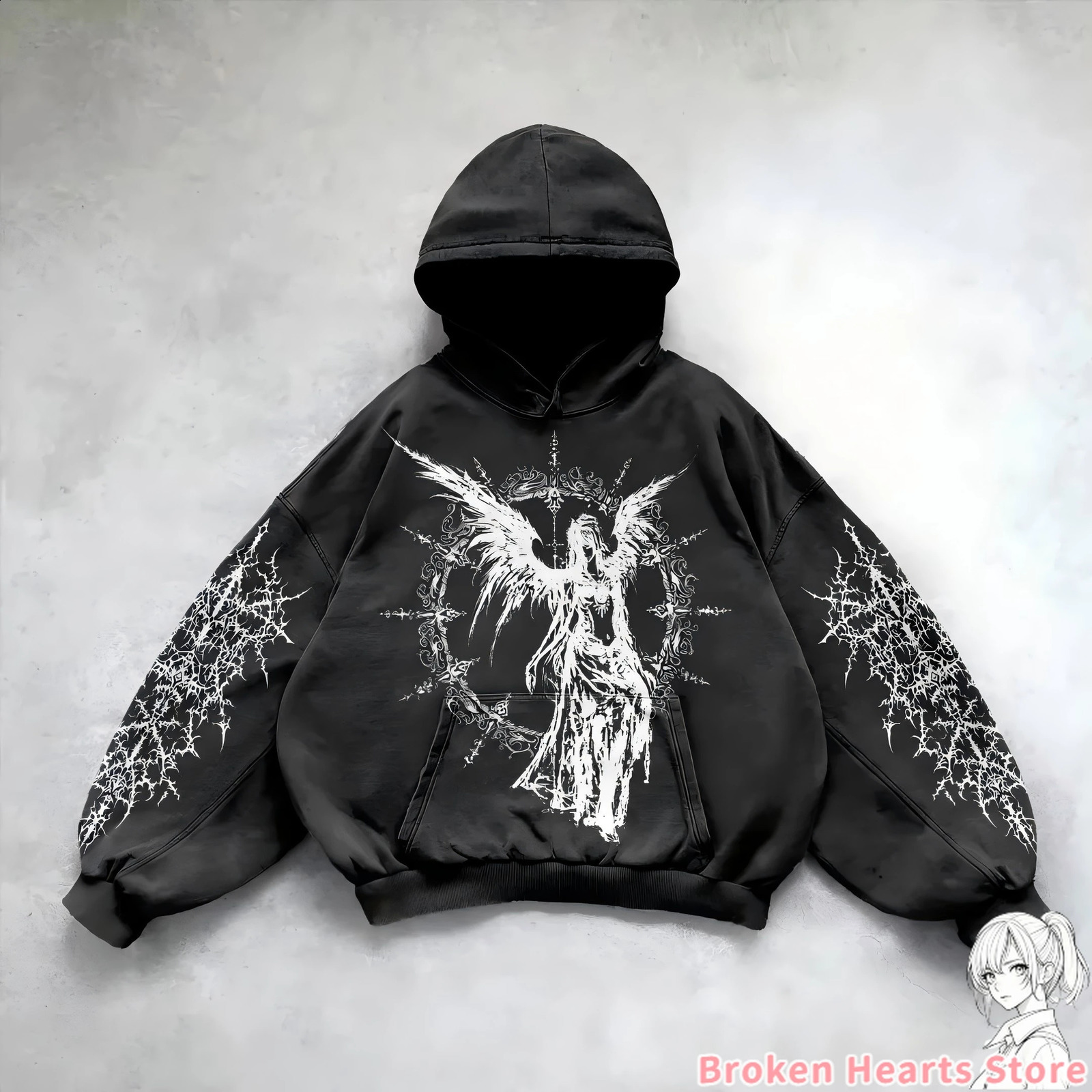 Gothic punk devil girl print hoodie womens harajuku y2k top oversized street sweater couple clothing 240911