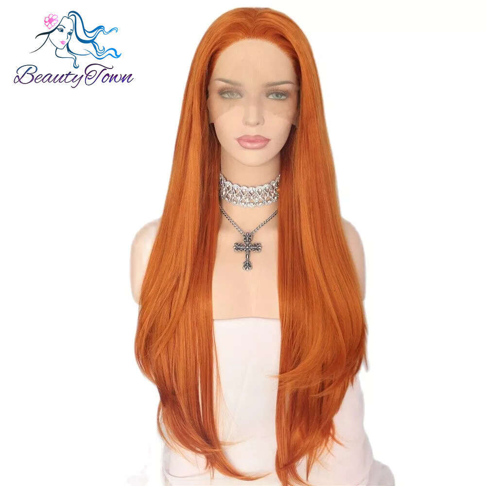 Beautytown Ginger Orange 13X3 Synthetic Lace Front For Women Straight Cheaper Natural Wig Heat Resistant Fiber Cosplay