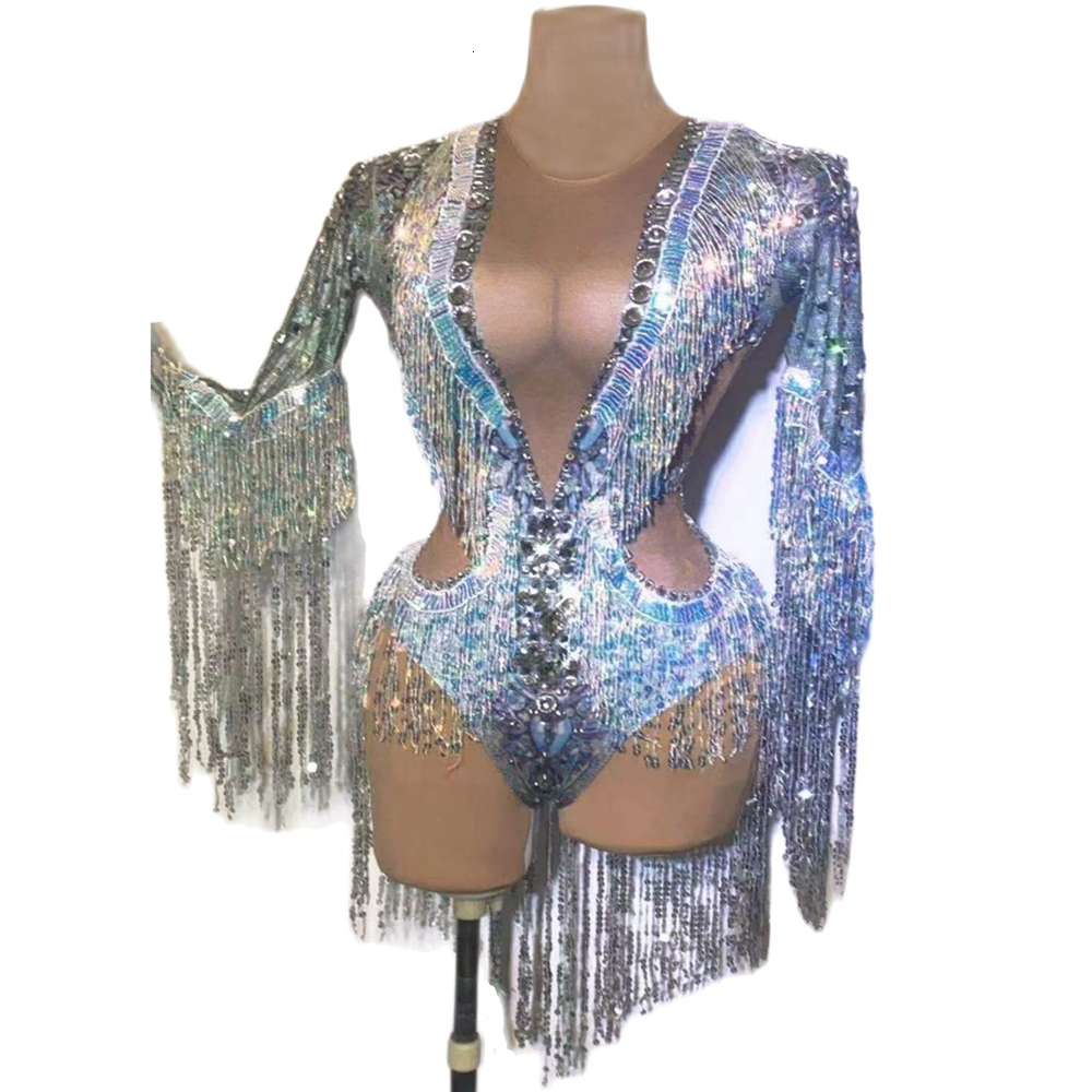 Sparkg Sier Women Stretch Dance Fringes Bodysuit Club Bar Singer Leotard Stage Wear Rhie Sequin Tassel Party Jumpsuit