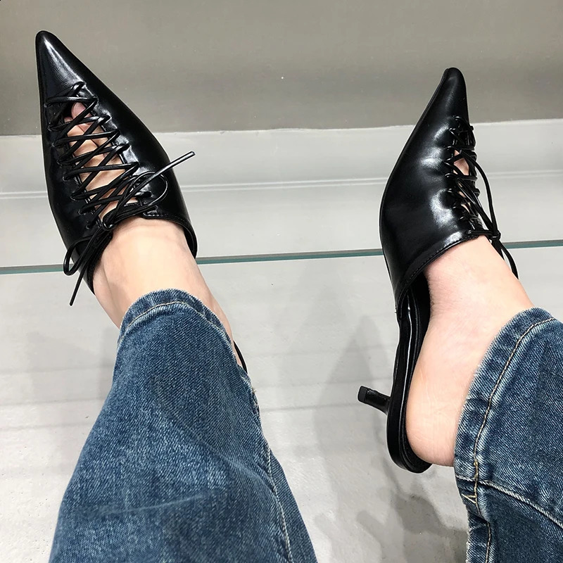 Pumps 2024 Elegant Woman Med High Heels Shoes Summer Fashion Lace Up Female Slides Pointed Toe Ladies Shoes Heels Mules 240914