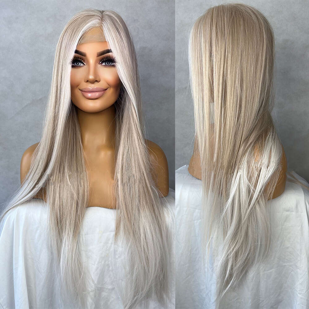 Ash Blonde White Balayage Highlights 28 Inch Long Wig Straight Center Parting High Density Lace Front Women Daily Wigs