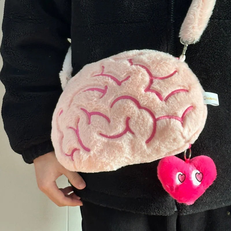 Pink brain plush cross body bag brain cap human organic filling plush toy creative fashion wallet girlfriends birthday gift 240912