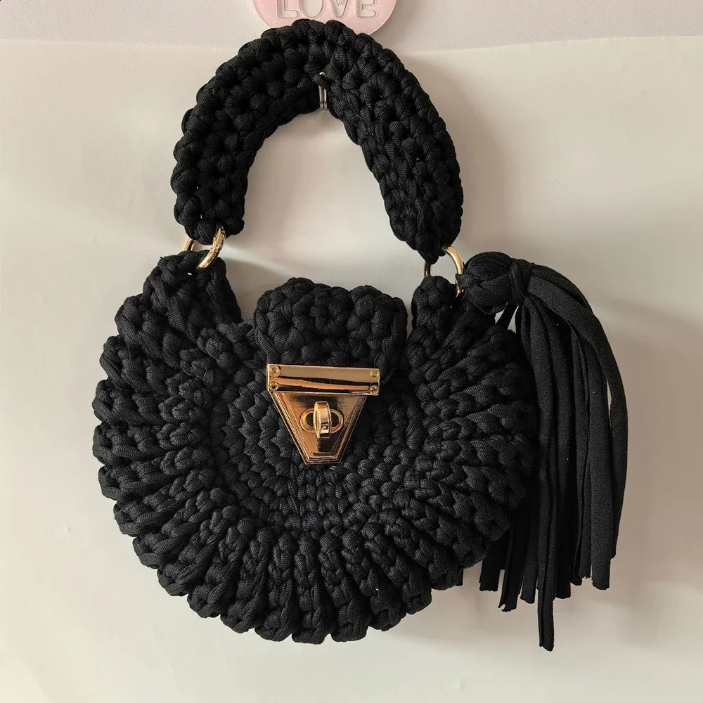 Mini rope knitted womens bag handmade tassel handbag yarn crochet ner round shoulder 240913