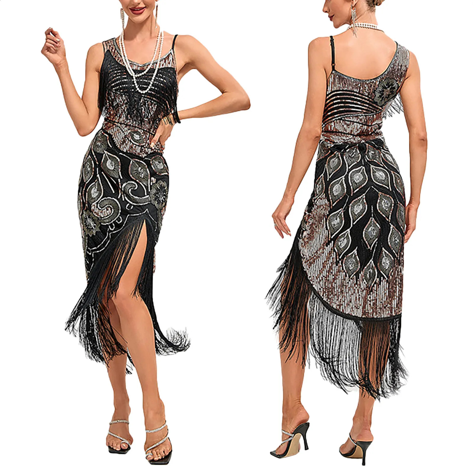 1920s Flap Edge Glitter Dress Retro Charleston Ball Great Gatsby Party Beaded 240913