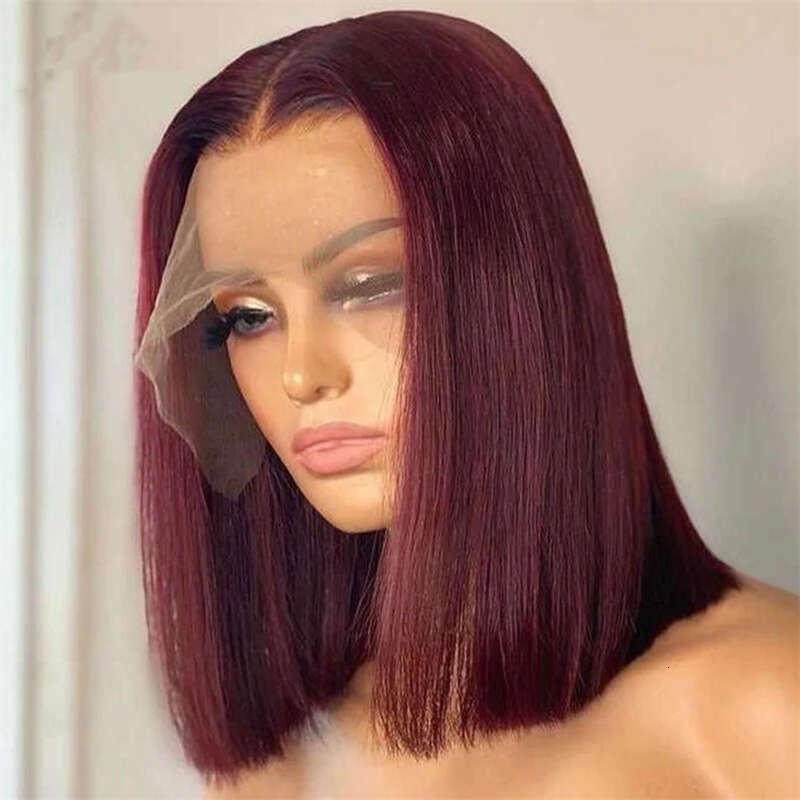 Wine Red Short Straight Bob Cosplay Use Blunt Cut Wigs With Bangs Synthetic Wig Hine Made Hair For Women Heat Resistant