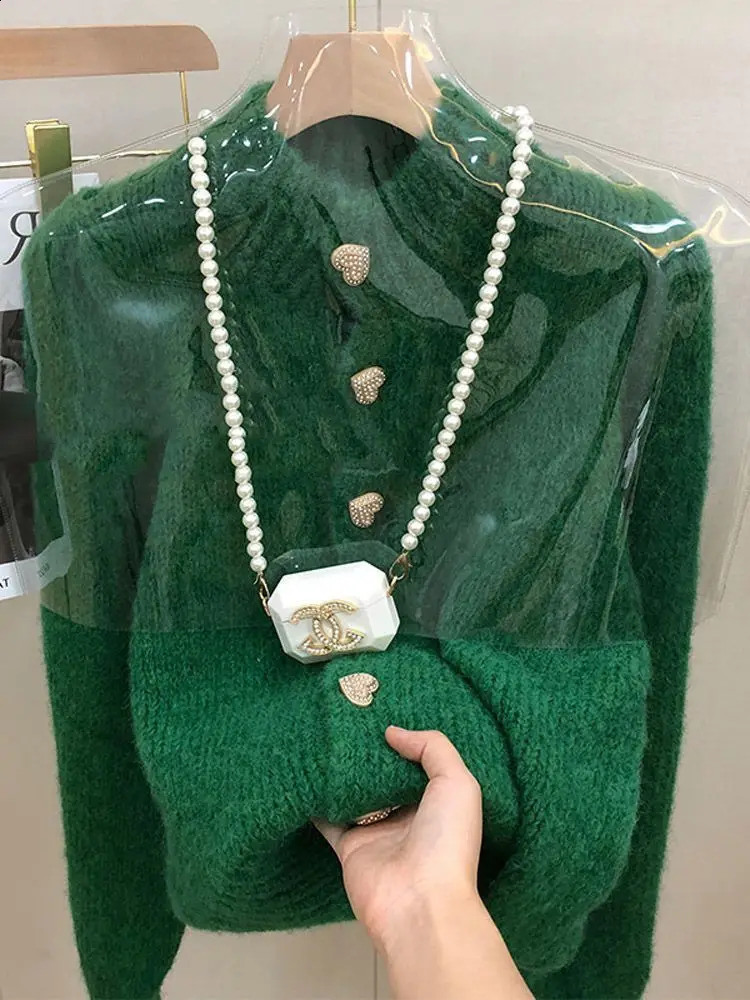 Green Knitted Cardigan Sweaters Autumn Half High Collar Sweet Casual Korean Fashion Winter Jacket 240905