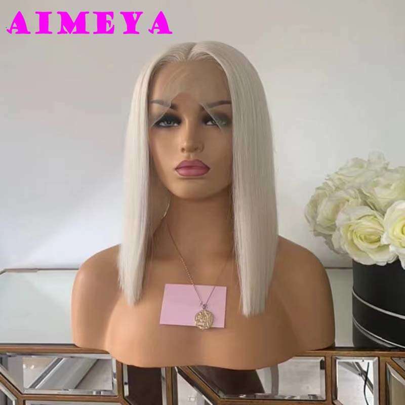 AIMEYA Platinum Blonde For Women Heat Resistant Synthetic Hair Natural Haire Short Straight Bob Lace Front Wig Daily