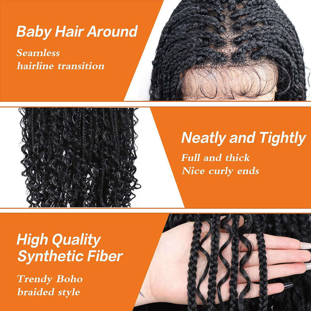 Boho Braided Wigs Synthetic Lace Front Curly Ends Square Part Knotless Wig With Baby Hair Bohemian Locs Box Braid