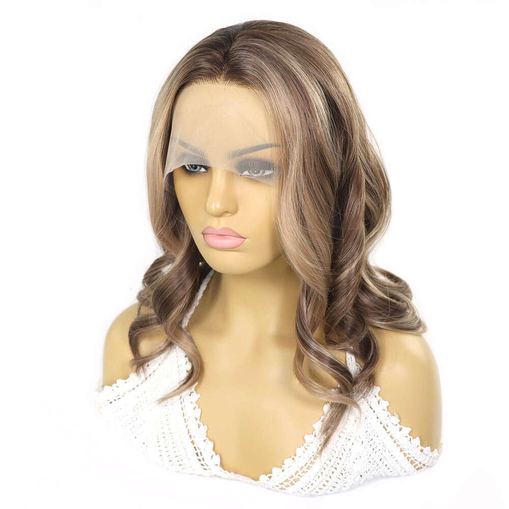 Brown Highlight Lace Front Bob Wigs Synthetic Short Wavy Colored For Women Heat Resistant Glueless Wig 16Inch Daily Use