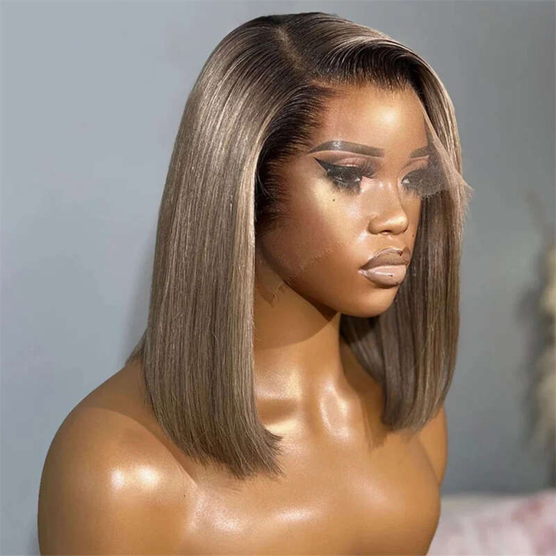 Brown Highlight Synthetic Lace Front Short Bob Wigs 13X3 Colored Straight Glueless Dark Roots Blonde Wig For Women