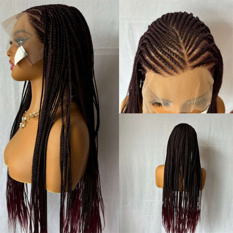 Ombre Bury 13X6 Frontal Braids Synthetic 99J Color Cornrow Braided Lace Front Glueless Wine Red Braiding Wig