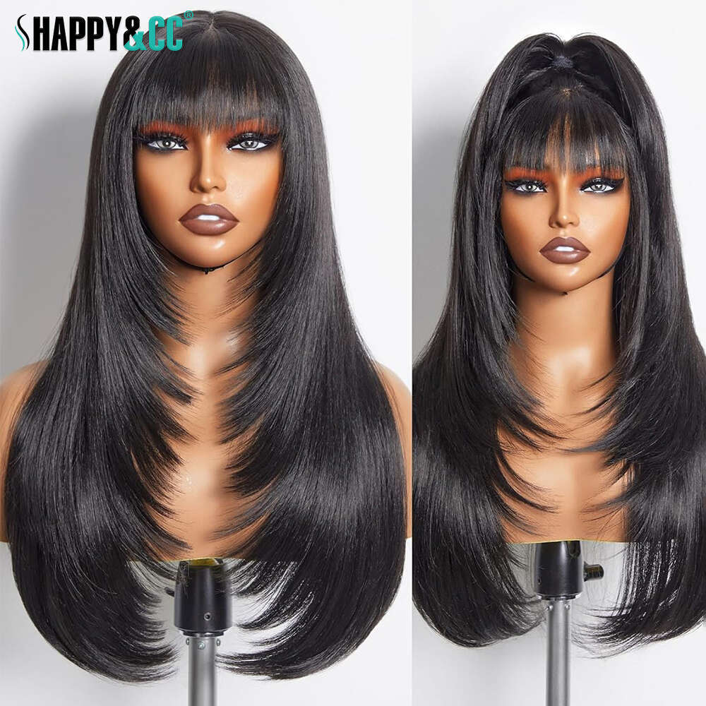 Wave Lace Front With Bangs For Black Women 13X3 Pre Plucked Curly Synthetic Heat Resistant Glueless Wig Daily Use
