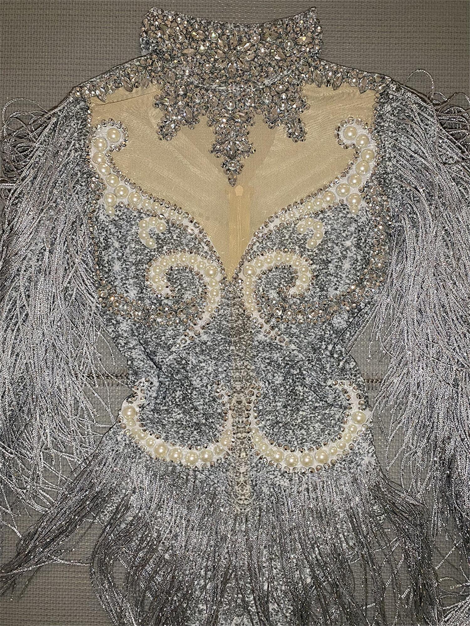 Sparkly Rhies Sexy Long Sleeves Tassel Pearls One Piece Short Jumpsuit Outfits Dancewear Women Stage Performance Bodysuit