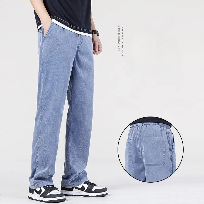 Summer Baggy Jeans Mens Classic Thin Lyocell Fabric High Quality Straight Casual Pants Soft Denim Trousers Coffee Blue Gray 240906