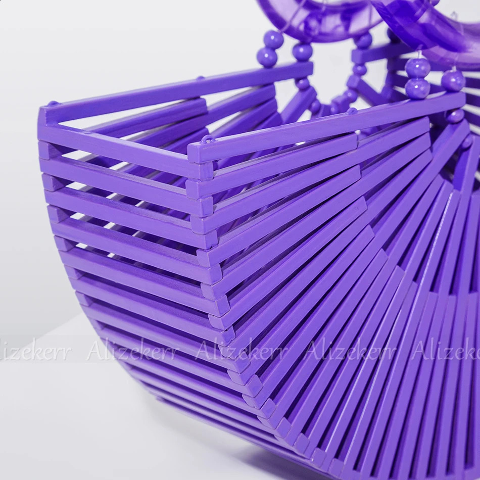 Retro semicircular bamboo beach handbag for women summer hollow circular acrylic highquality straw bag holidays 240913