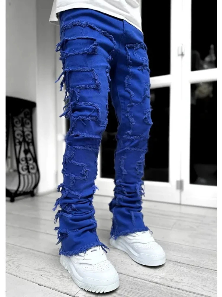 5 Colors Fringe Raw Edge Skinny Jeans Men Elastic Patch Stacked Denim Pants Fashion Punk Streetwear Personality Male Trousers 240906