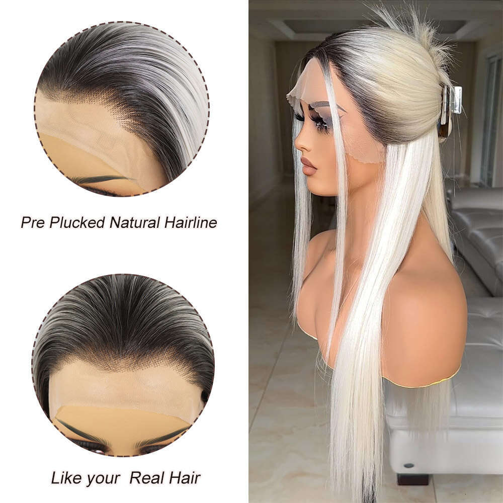 Ash Lace Front Wigs Silky Straight Dark Roots Colored Synthetic For Women Platinum Blonde #60 Ombre Glueless Wig