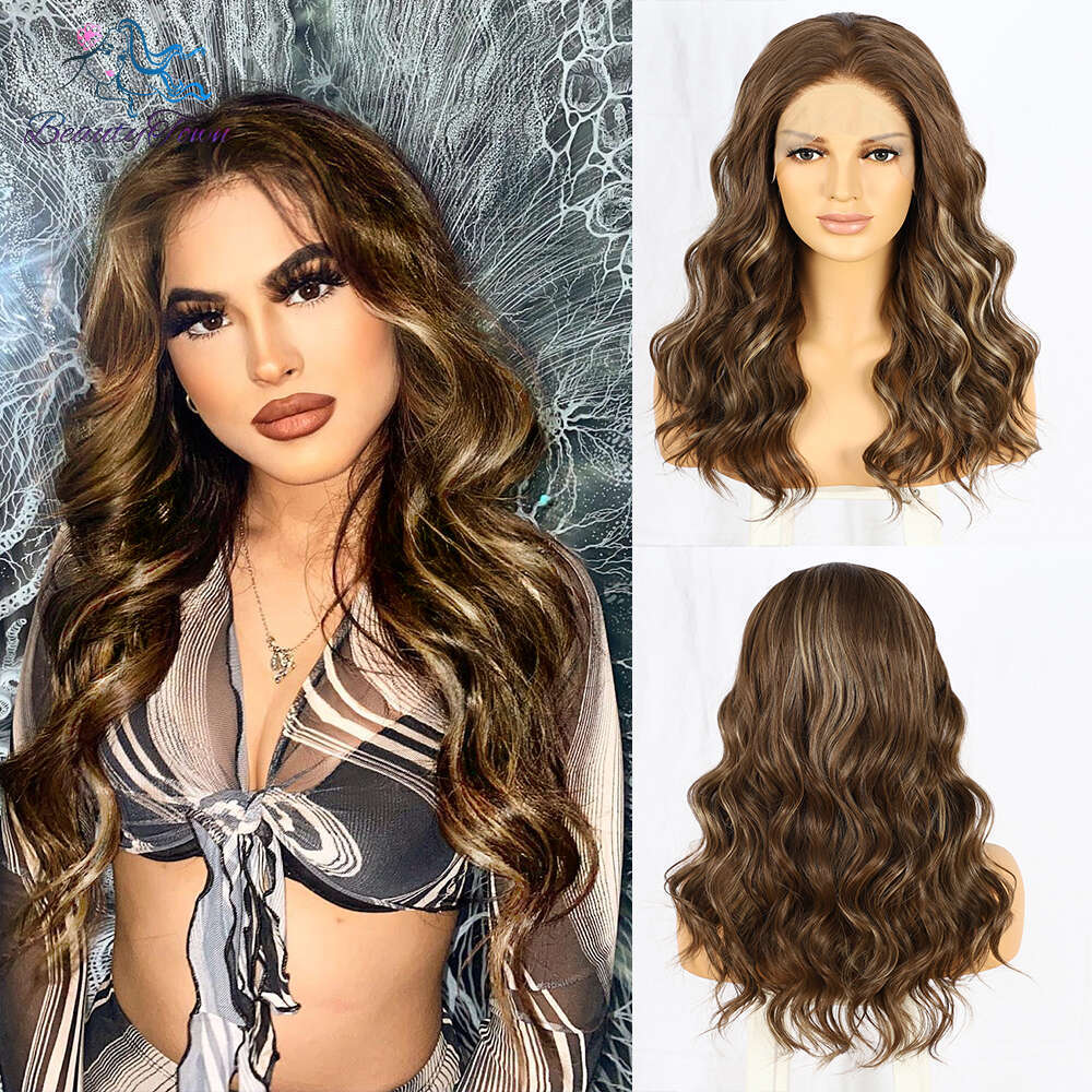 Blonde 13X3 Synthetic Lace Front Short Wavy Ombre Brown Highlight Color For Black Women Daily Use Cosplay Wig