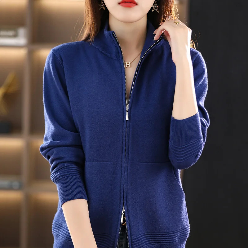 Autumn Winter Women Wool Sweater Clothing Cuff Thread Double Zipper Cardigan Fashion Female Casual Knitted Tops Soft Jacket 240904