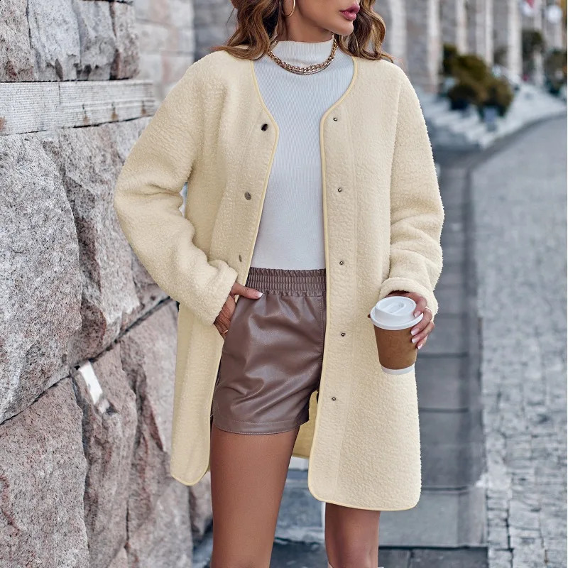 Autumn and Winter Womens Solid Color Round Neck Long Sleeve Single Breasted Mid Length Coat Fashion Casual Formal Tops 240911