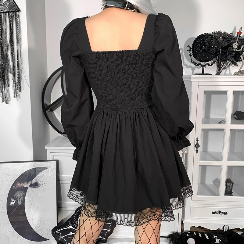 Long sleeved Lolita black dress Gothic aesthetic puff sleeves high waisted retro belt lace decoration party clothing womens 240913