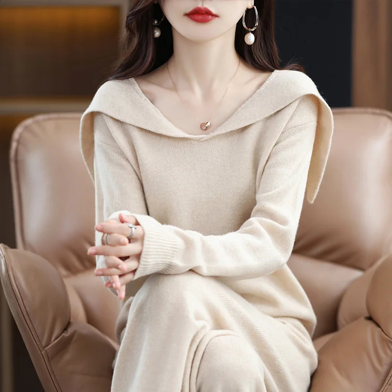 100% Pure Wool Cashmere Two-piece Womens Large Lapel Pullover Sweater Autumn and Winter Fashion Wide-leg Pants Suit 240905