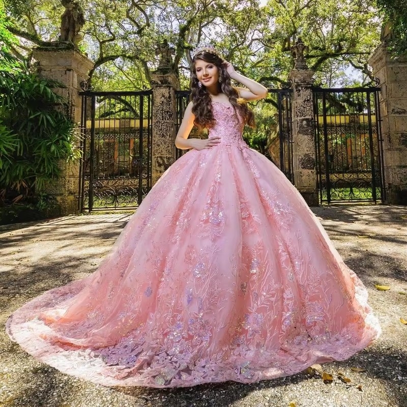 Pink Shiny Quinceanera Dresses Ball Gown Off Shoulder Sequins Applique Lace Beads Tull Mexico Corset Sweet 16 Dress Vestidos De 15 Anos