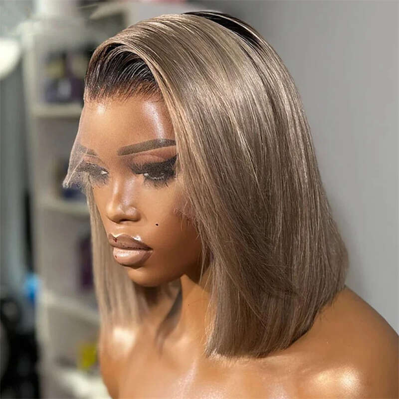 Brown Highlight Synthetic Lace Front Short Bob Wigs 13X3 Colored Straight Glueless Dark Roots Blonde Wig For Women