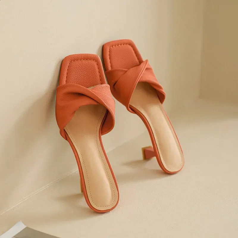 Summer Thin Heel Slippers Women Fashion Pleated Square Toe Green Orange Women Sandals Casual Elegant Ladies Dress Shoes 240914