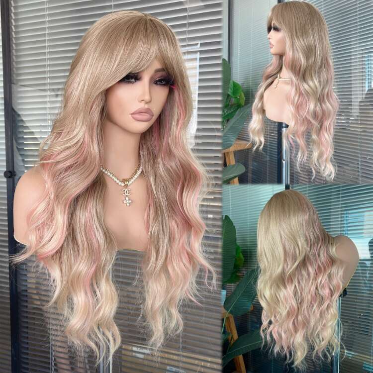 613 Synthetic None Lace Wave With Bangs For Women Blonde Color Full Hine Made Daily Use Cosplay Wig