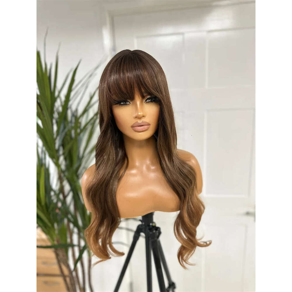Wave Chocolate Brown Synthetic HD Front Wig Loose Wavy Long Hair With Bangs Fiber Lace Wigs For Women Daily Use
