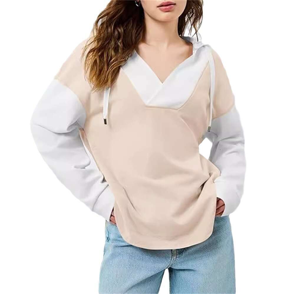 Short sleeved women's color blocked hooded casual V-neck loose sports shirt pullover top