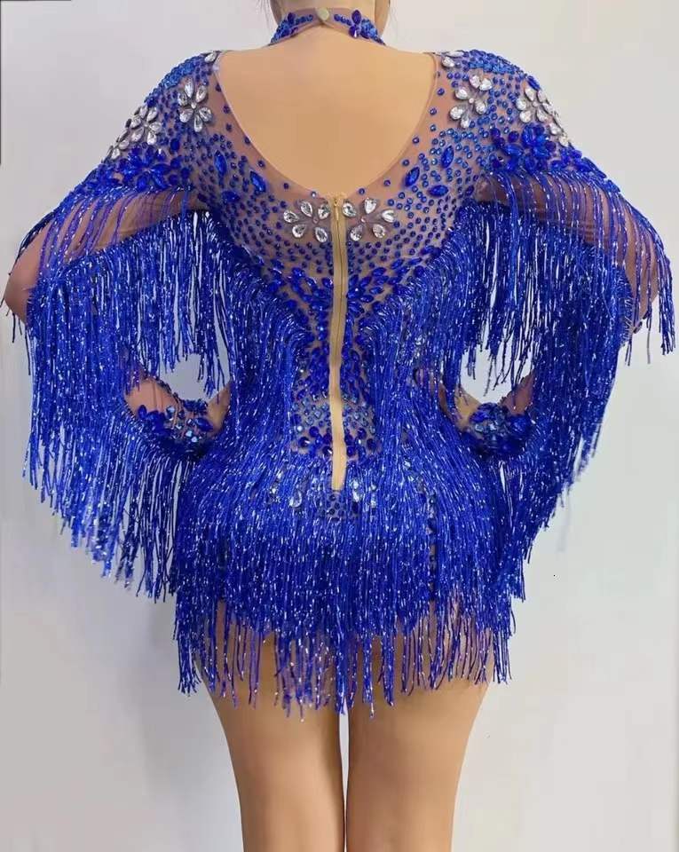Birthday Celebrate Long Sleeves Dance Bar Women Singer Outfit Blue Sier Rhies Transparent Fringe Bodysuit