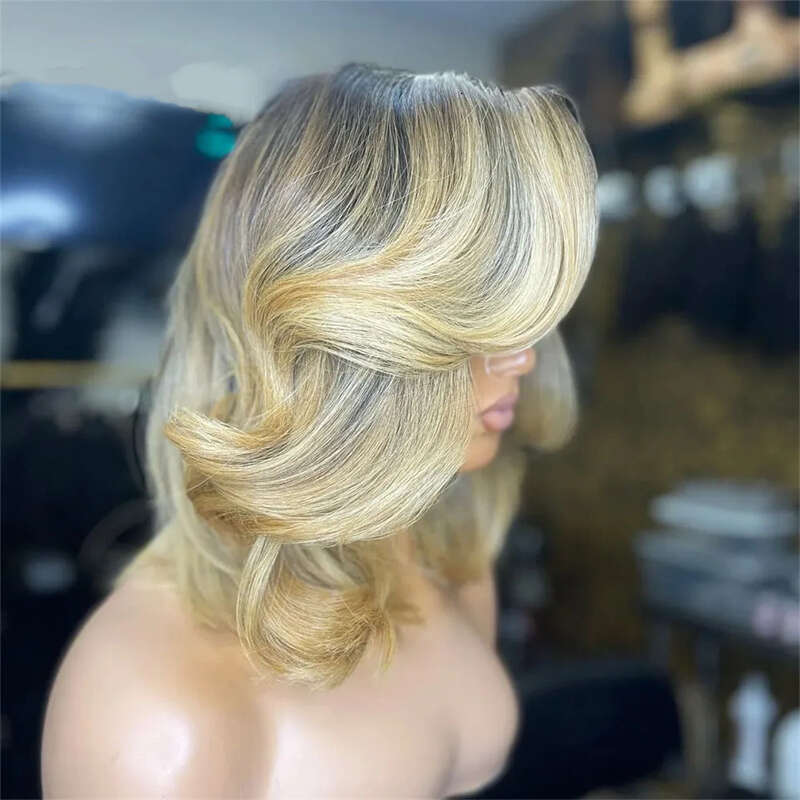 Ash Blonde Highlight Color Short Body Wave Bob Front Wigs For Women Long Synthetic Hair Dark Roots Lace Frontal Wig