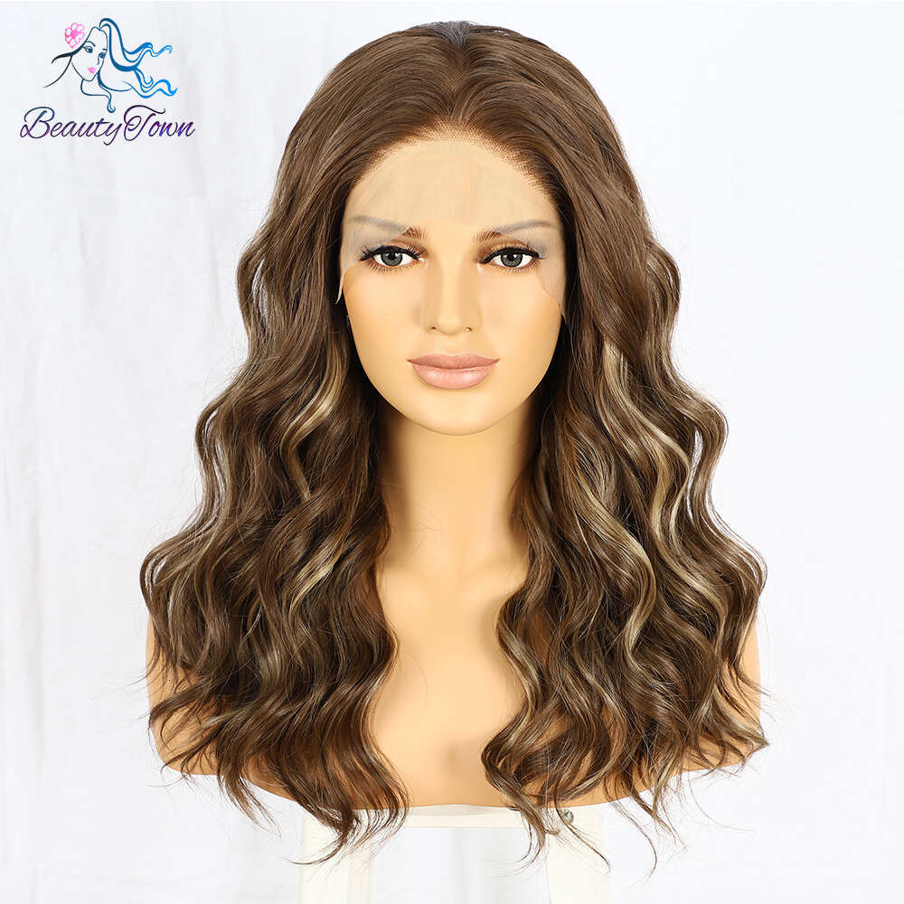 Blonde 13X3 Synthetic Lace Front Short Wavy Ombre Brown Highlight Color For Black Women Daily Use Cosplay Wig