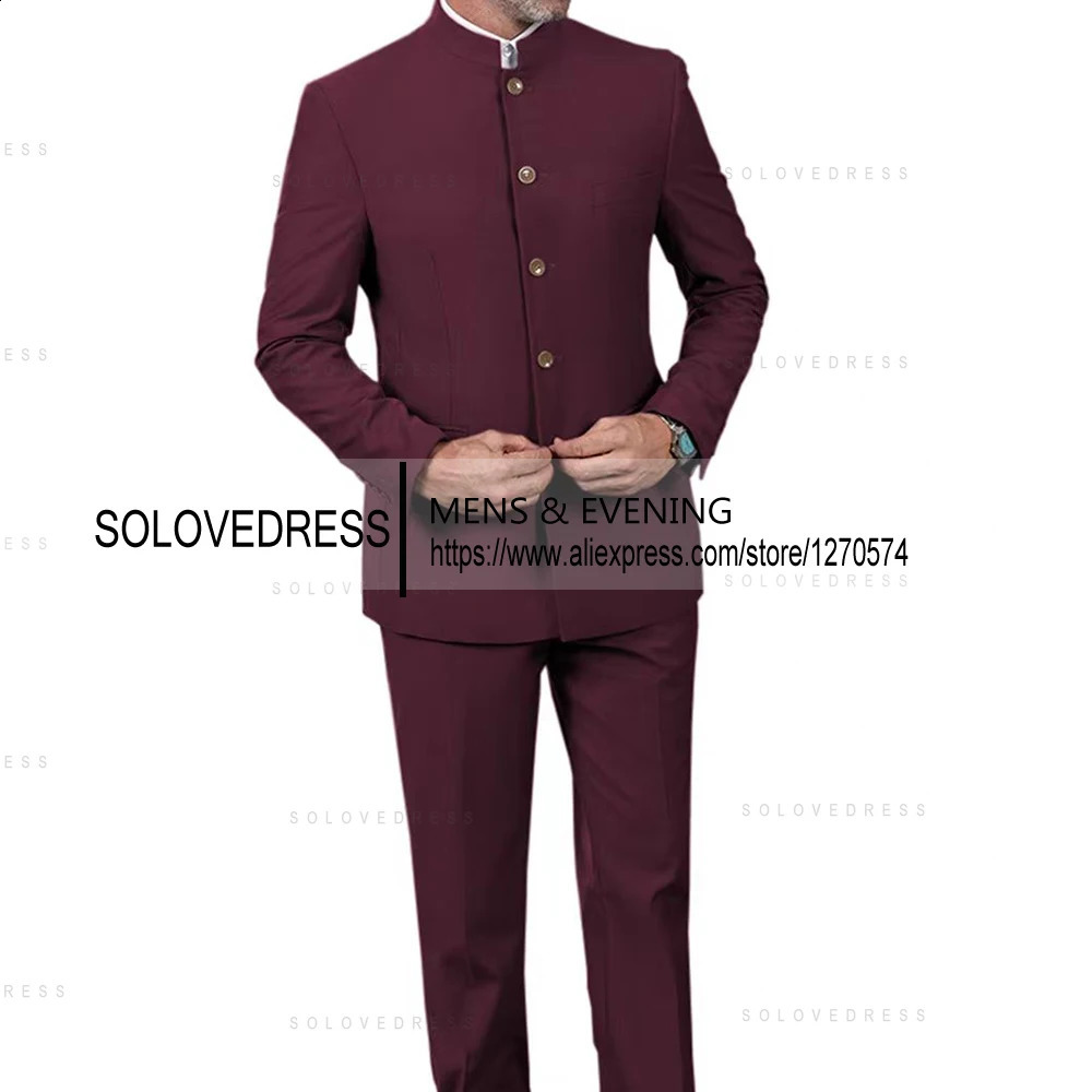 Classic 2 Piece Mens Slim Fit Solid Color Stand Collar Wedding Suit BlazerPants 240914