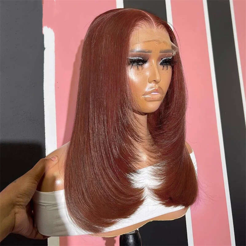 Synthetic 13X4 Glueless Heat Resistant Reddish Brown Layered Cut Wig Copper Red Straight Lace Front Wigs For Women Daily