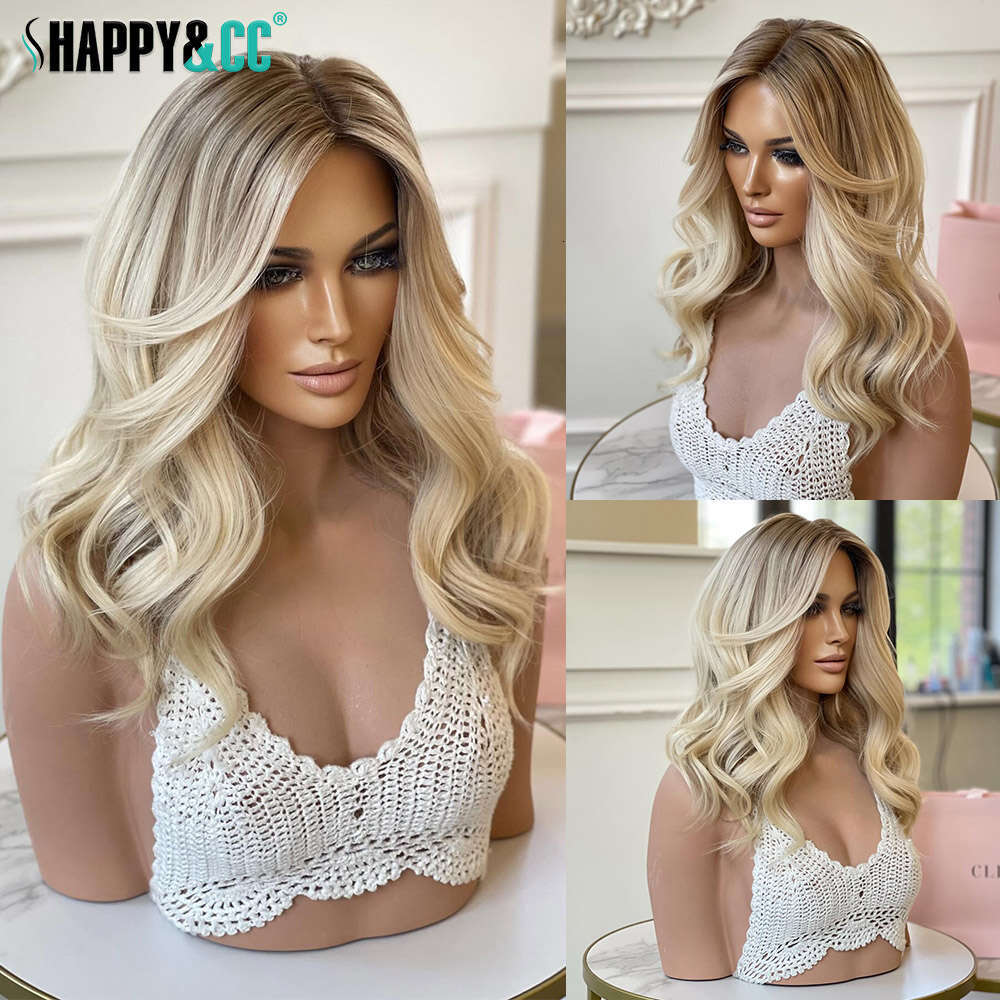 Ombre Lace Front Wigs Short Wave Colored Synthetic For Women 16Inch Dark Roots Ash Blonde 613 Cosplay Glueless Wig
